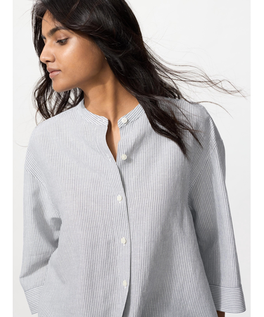 リネンブレンドバンドカラーシャツ/ストライプ/7分袖