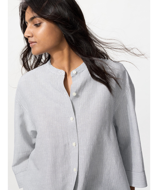 リネンブレンドバンドカラーシャツ/ストライプ/7分袖