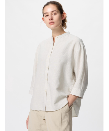 リネンブレンドバンドカラーシャツ/ストライプ/7分袖