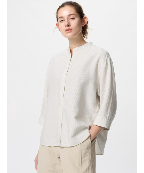 リネンブレンドバンドカラーシャツ/ストライプ/7分袖