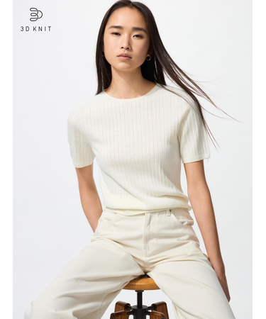 3Dメリノリブクルーネックセーター/5分袖