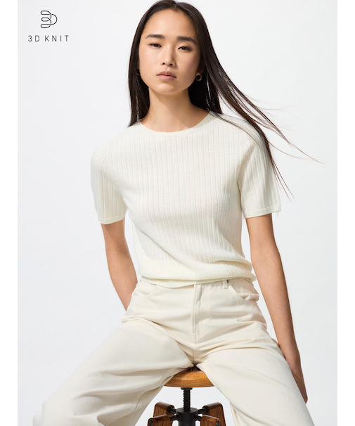 3Dメリノリブクルーネックセーター/5分袖