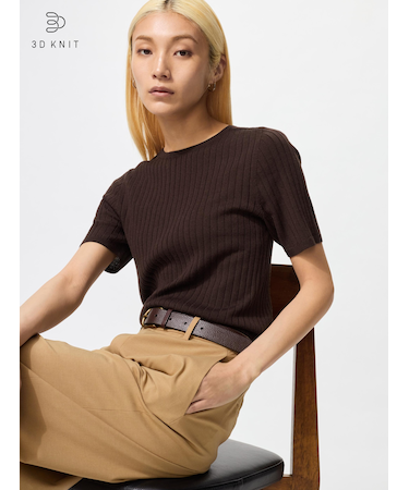 3Dメリノリブクルーネックセーター/5分袖