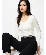 極暖ヒートテックリブUネックブラTシャツ/長袖