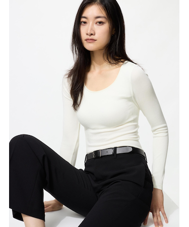 極暖ヒートテックリブUネックブラTシャツ/長袖