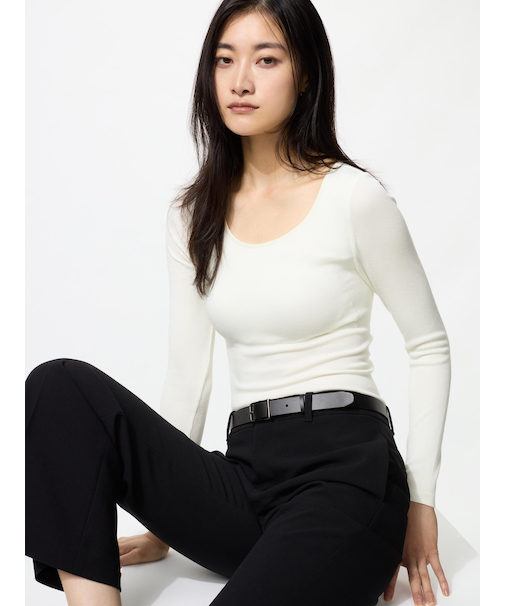 極暖ヒートテックリブUネックブラTシャツ/長袖