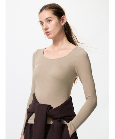 極暖ヒートテックリブUネックブラTシャツ/長袖