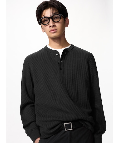 ワッフルヘンリーネックTシャツ/長袖｜ユニクロの通販｜&mall（アンド