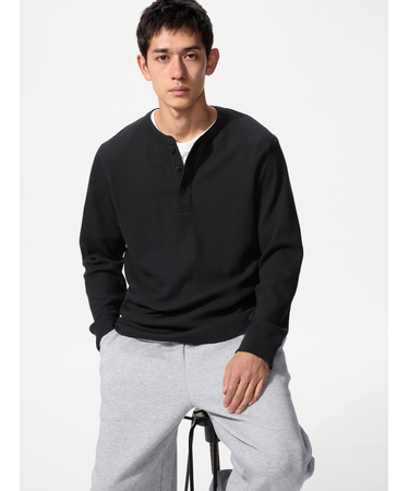 ワッフルヘンリーネックTシャツ/長袖