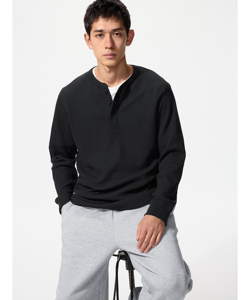 ワッフルヘンリーネックTシャツ/長袖