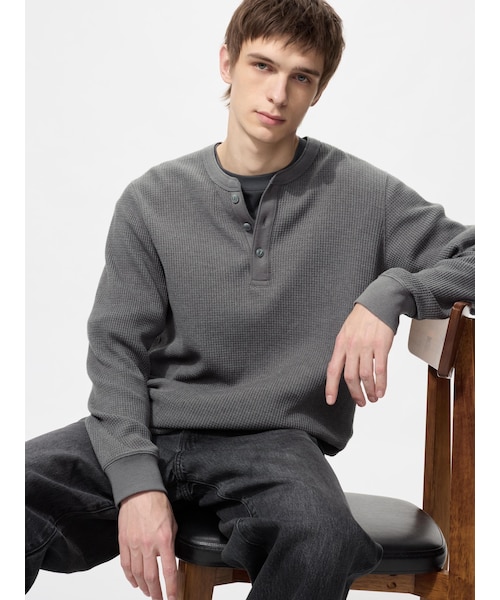 ワッフルヘンリーネックTシャツ/長袖｜ユニクロの通販｜&mall（アンド