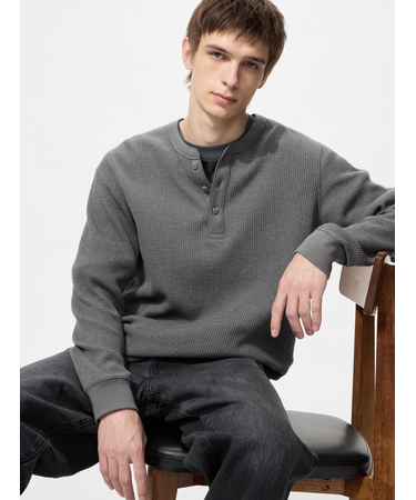 ワッフルヘンリーネックTシャツ/長袖