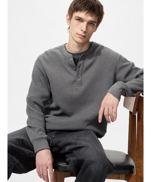 ワッフルヘンリーネックTシャツ/長袖