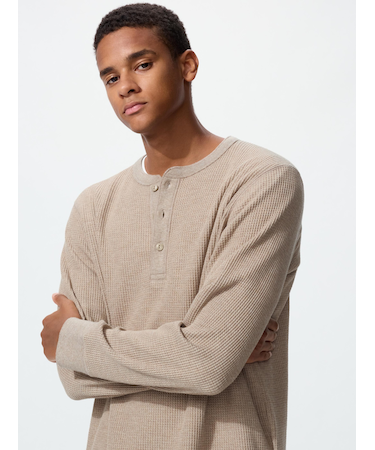 ワッフルヘンリーネックTシャツ/長袖