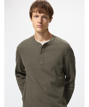 ワッフルヘンリーネックTシャツ/長袖