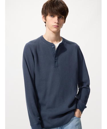 ワッフルヘンリーネックTシャツ長袖