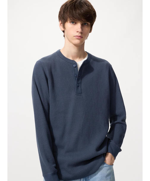 ワッフルヘンリーネックTシャツ長袖