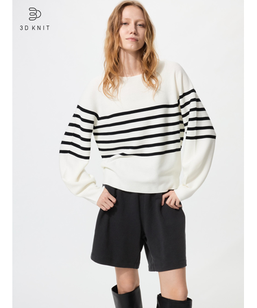 3Dコットンクルーネックボリュームスリーブセーター