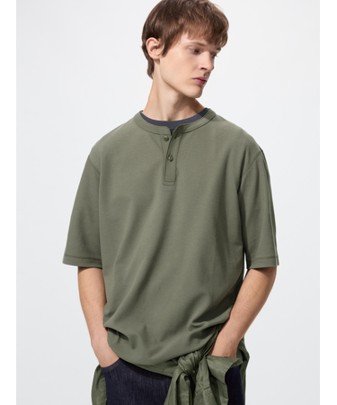 ドライワッフルヘンリーネックTシャツ