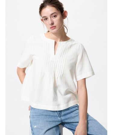 リネンブレンドキーネックブラウス