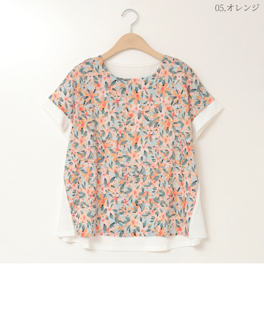 【UVケア】フラワー柄切り替えフレンチスリーブカットソー[41411293]natural mist