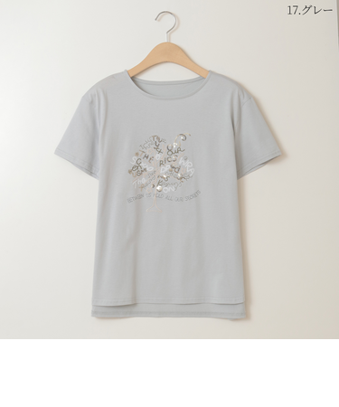 スパンコールアクセント刺繍Tシャツ[30111317]natural mist