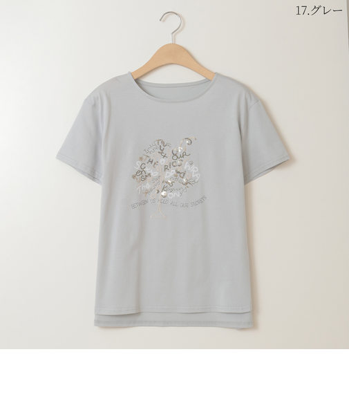 スパンコールアクセント刺繍Tシャツ[30111317]natural mist