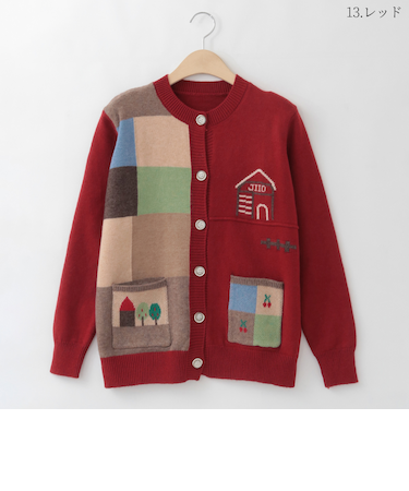 配色ブロック家モチーフニットカーディガン  [41412476]natural mist