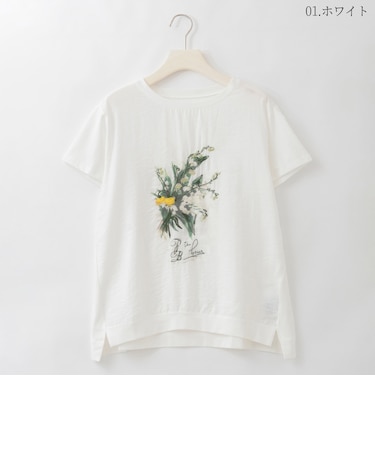 フラワーブーケプリント刺繍デザインTシャツ  [22011544]natural mist