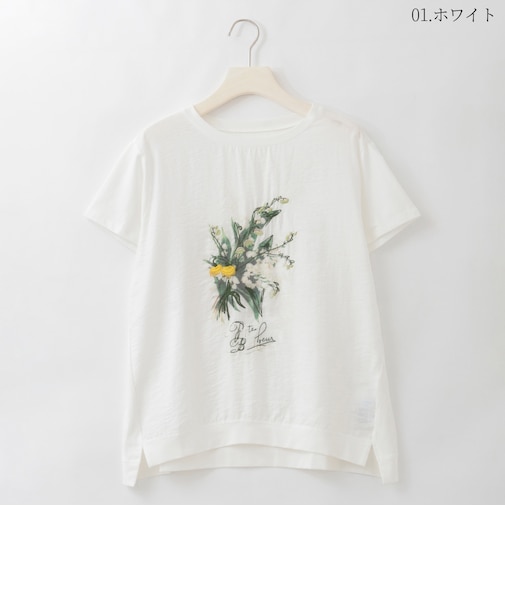 フラワーブーケプリント刺繍デザインTシャツ  [22011544]natural mist