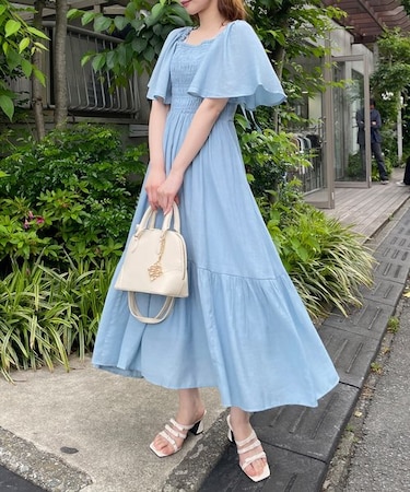楊柳フレアスリーブシャーリングワンピース｜ワンウェイの通販｜&mall 