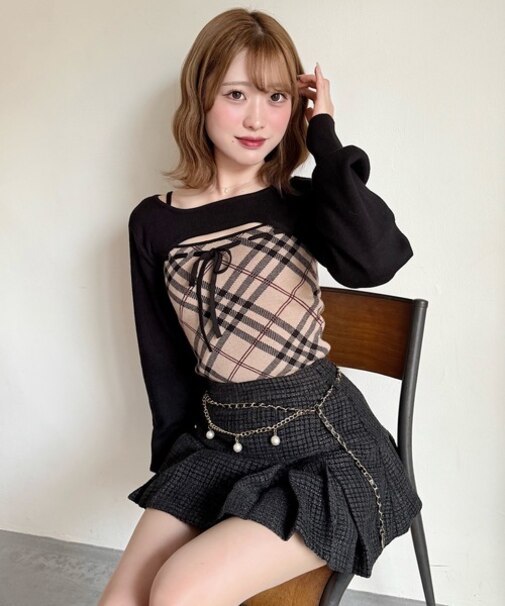 チェックリボンショートレイヤードニット