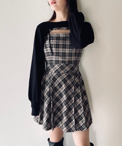 シャギーボレロロングチェックワンピース｜ワンウェイの通販｜&mall