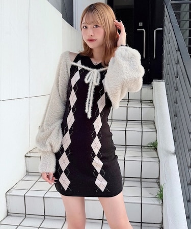 アーガイルニットワンピース×ボレロセット