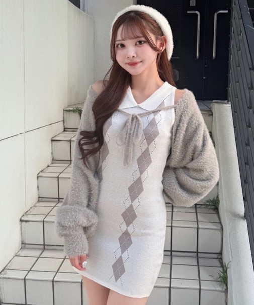 アーガイルニットワンピース×ボレロセット
