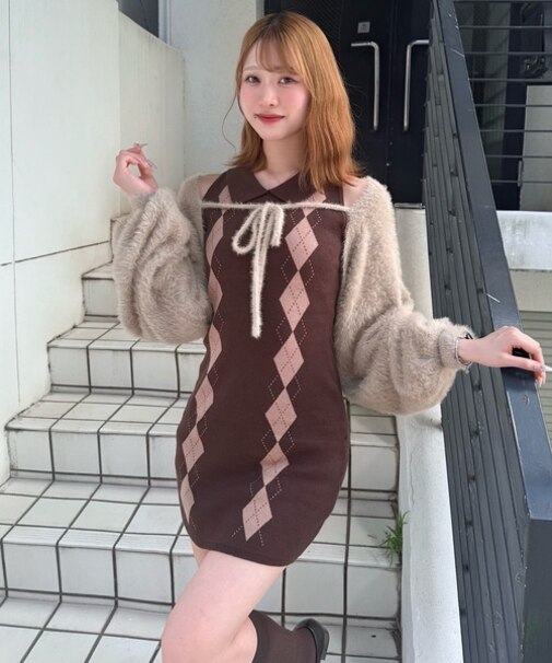 アーガイルニットワンピース×ボレロセット