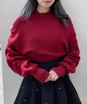 シャーリング袖カシュクールニット