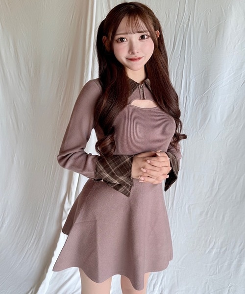 シャギーボレロロングチェックワンピース｜ワンウェイの通販｜&mall