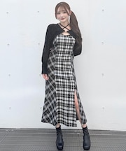 シャギーボレロロングチェックワンピース