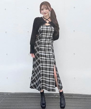 シャギーボレロロングチェックワンピース