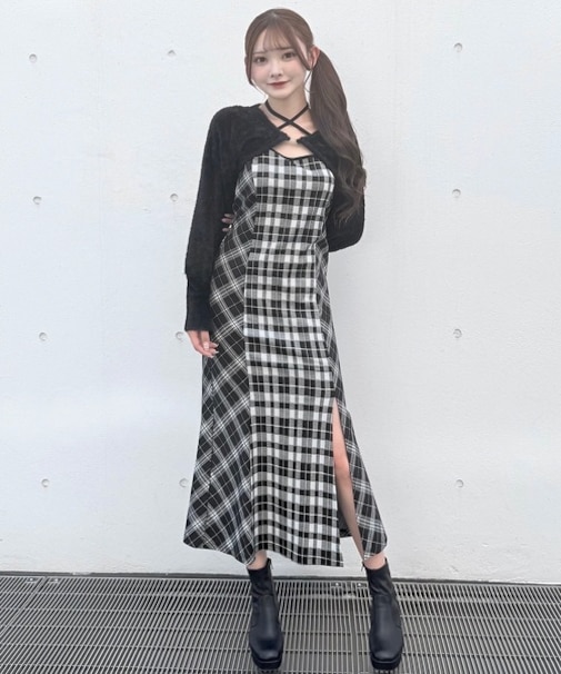 シャギーボレロロングチェックワンピース