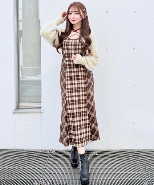 シャギーボレロロングチェックワンピース｜ワンウェイの通販｜&mall