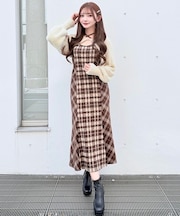 シャギーボレロロングチェックワンピース