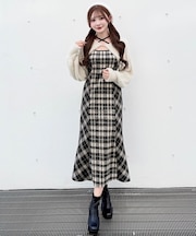 シャギーボレロロングチェックワンピース