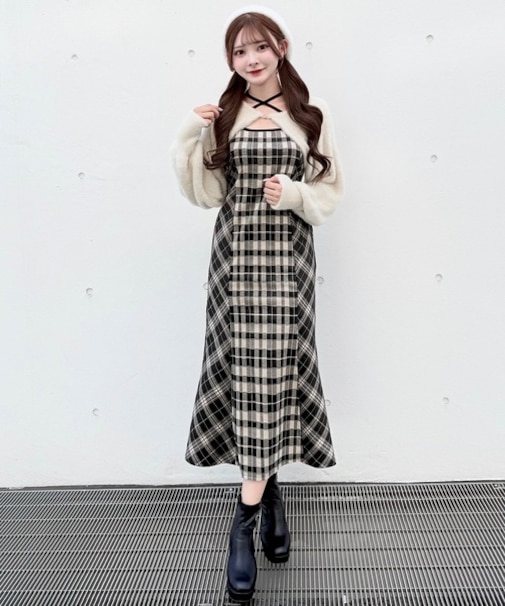 シャギーボレロロングチェックワンピース