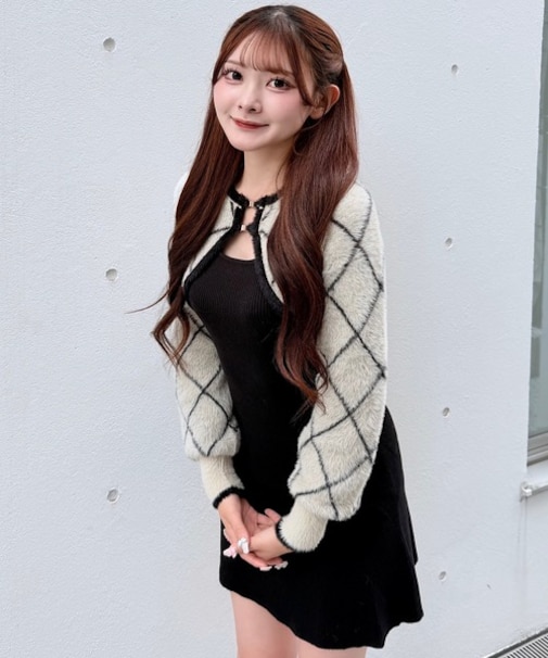 ダイヤ柄シャギーボレロニットワンピース