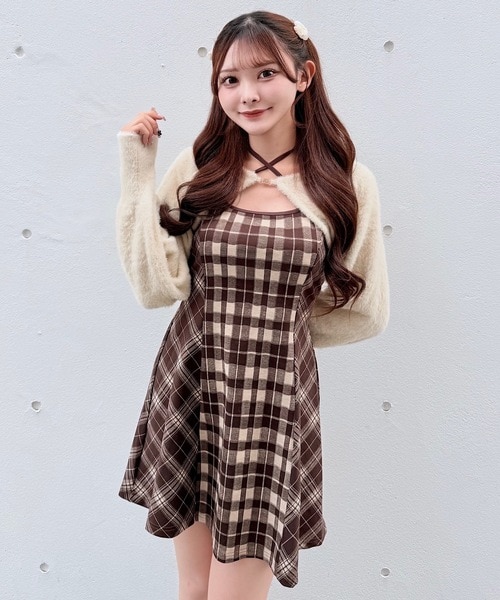 シャギーボレロsetチェックワンピ シャギーボレロミニチェックワンピース｜ワンウェイの通販｜&mall