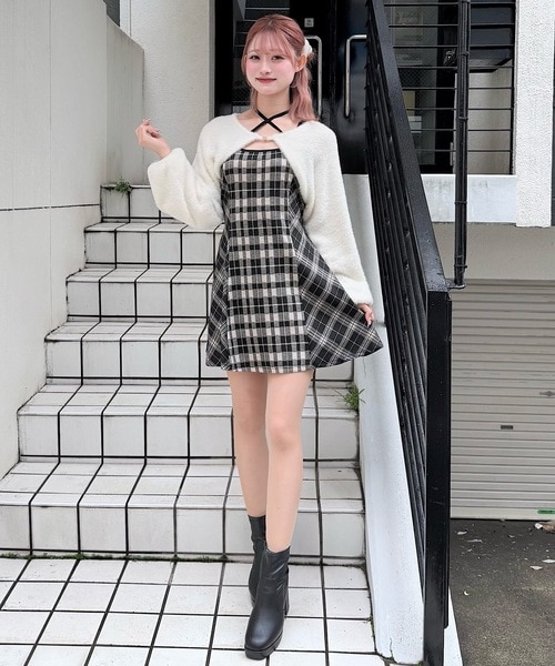 ‪☆ シャギーボレロsetチェックトップス‪☆ シャギーボレロミニチェックワンピース｜ワンウェイの通販｜&mall