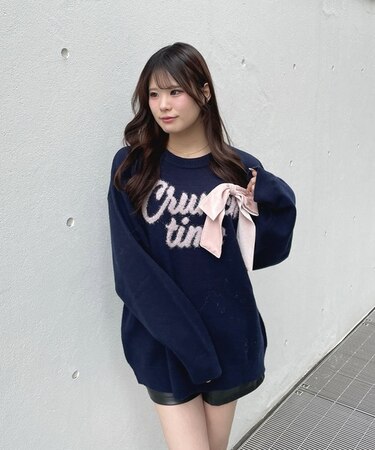 ラメリボンロゴジャガードニット