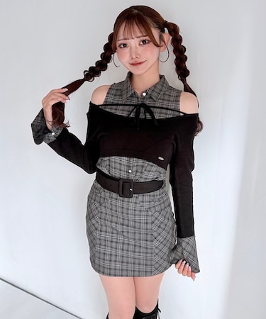 チェックシャツレイヤードニット